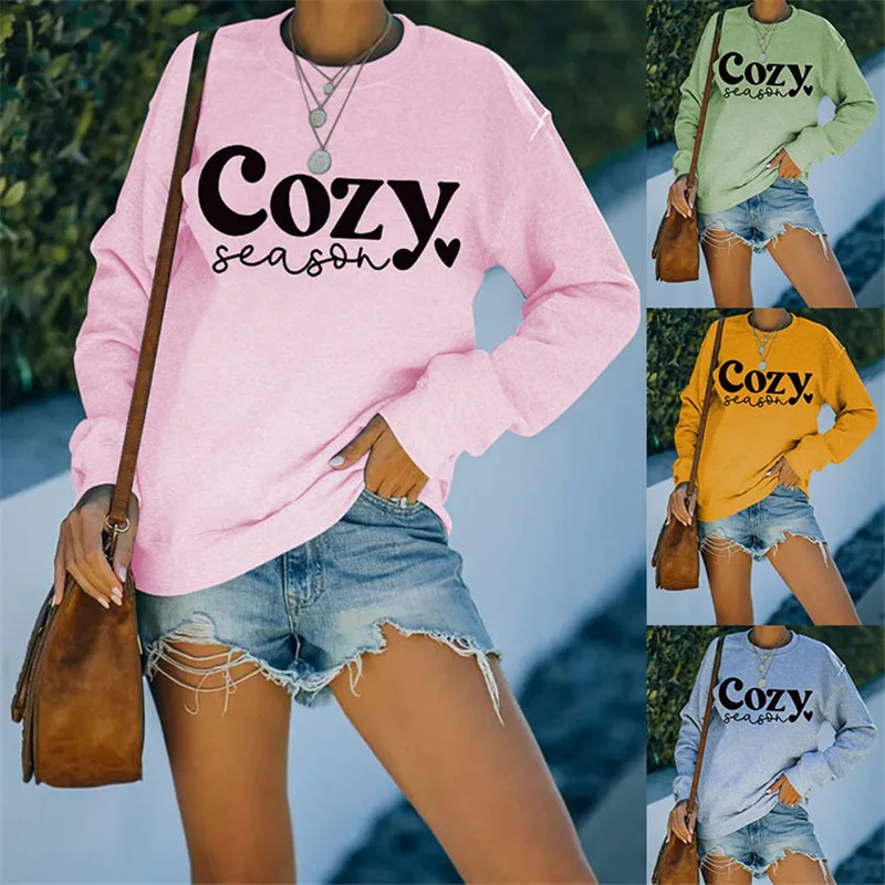 Winter fashion women's sweaters Casual cotton COZY SEASON simple letter tops pullovers plus size long-sleeved jackets