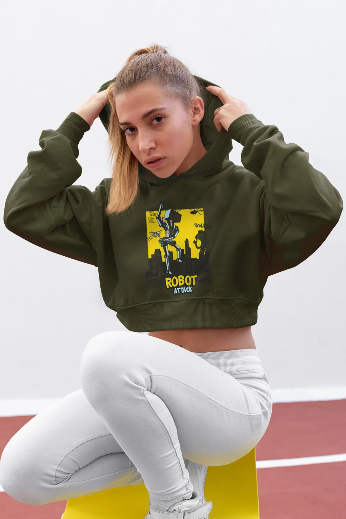 Зеленая короткая толстовка с капюшоном Angemiel Wear Robot Attack|Женские толстовки и