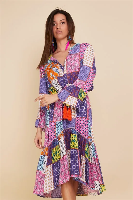Tasseled Cotton Fabric Asymmetrical Cut Patchwork Boho Dress 2021 Fashion Bohemian Style Authentic Women's Clothing Xs To Xxl