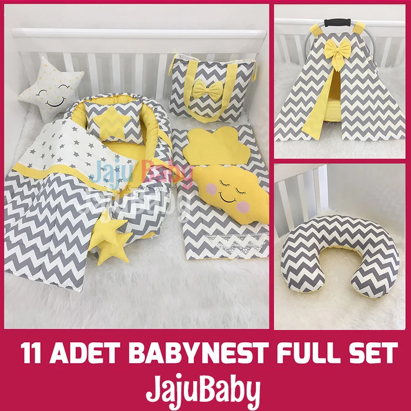 Jaju Baby Handmade Gray Zigzag Luxury Babynest Baby Sleep 11 Piece Full Set, Breastfeeding Pillow, Stroller Cover Portable Bed