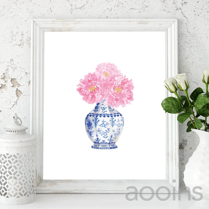 Акварельные пионы китайские вазы Картина на холсте сине-белая фарфоровая ваза