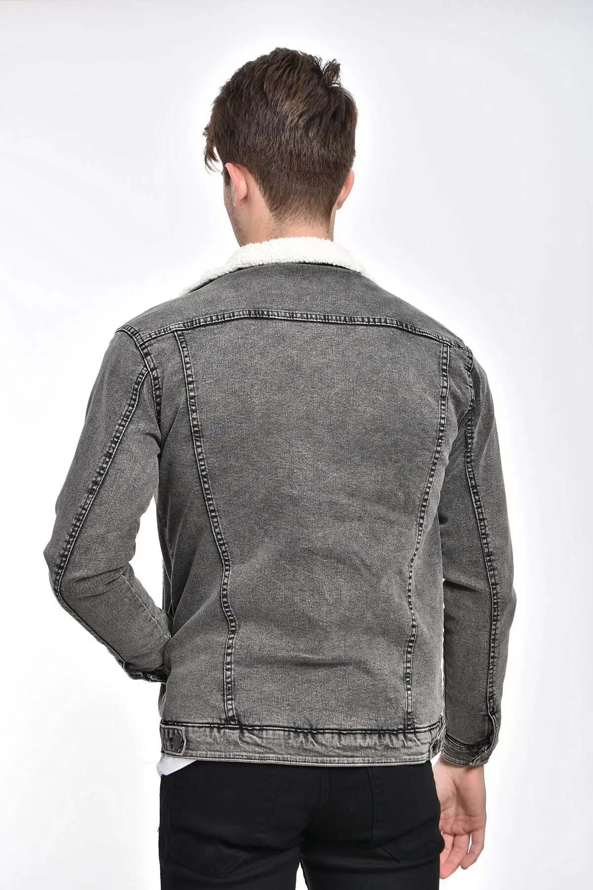 

Men's Smoked Double Pocket Furry Denim Jacket Casual Slim Outwear Windbreaker Denim Jackets Fashion Men Fleece Thick Warm Jeans