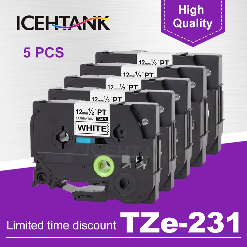 ICHTANK 5PK tze231 лента 12 мм совместимая с Brother P touch TZe 231 черно белая многоцветная