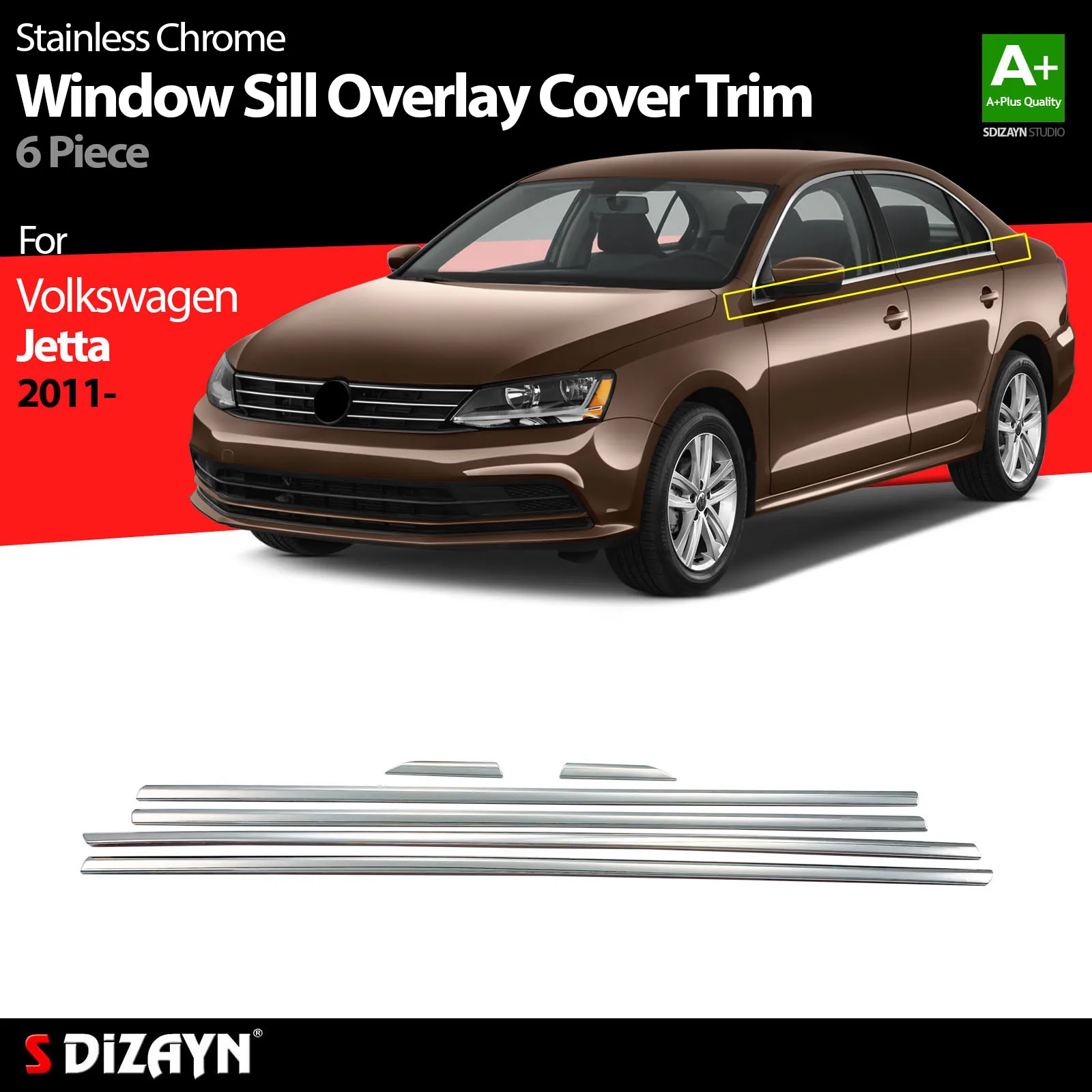

S Dizayn For Volkswagen Jetta Chrome Window Sill Overlay Cover Trim Stainless Steel 6 Pcs VW Exterior Car Accessories Parts Auto