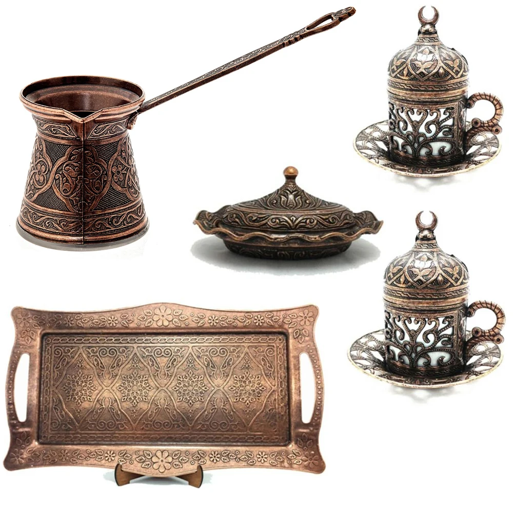 Kosova Zamak Copper Coffee Pot No: 4 + Antique Copper Look Coffee Cup Set (2 cups, Turkish delight bowl, Tray)