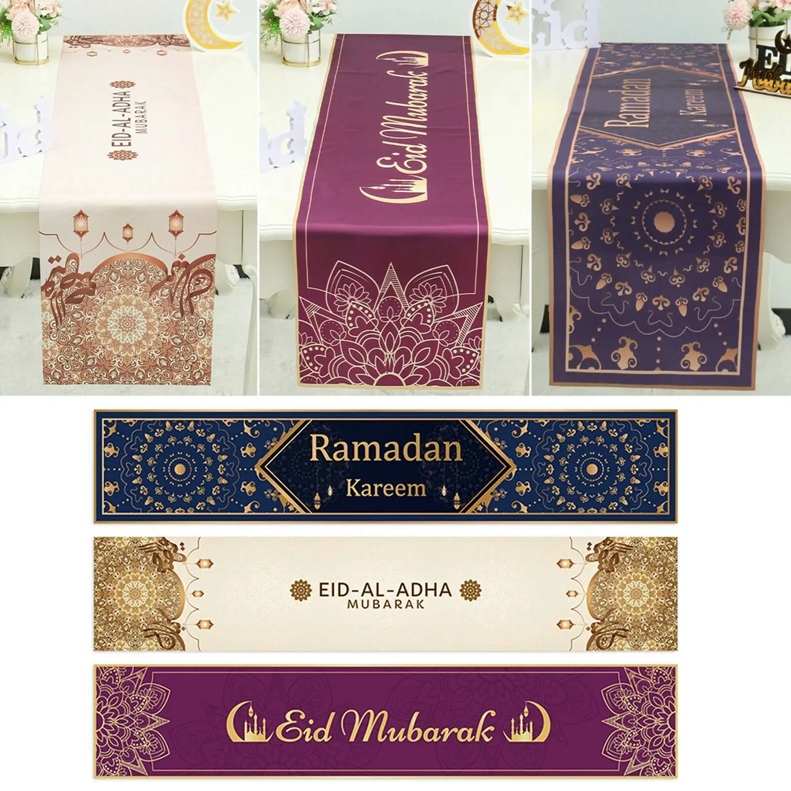 

Eid Mubarak Decor Runner Ramadan Kareem Linen Tablecloth Muslim Dinning Room Table Cover Decoration 2022