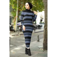 2 Piece Women's Set Stipe Patterned Maxi Dress and Bat wing Sleeve Cardigan Knitted Suit Turkish Muslim Clothing Hijab African