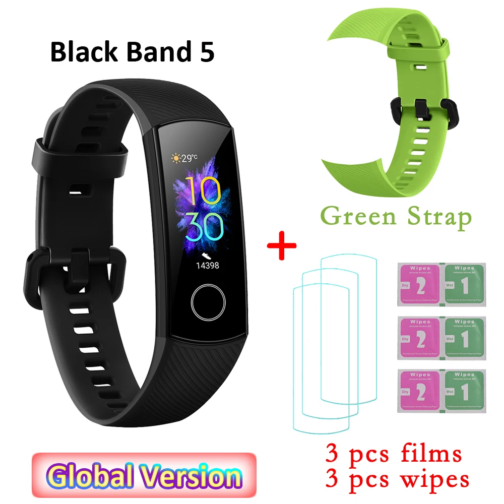 GR strap and 3 films Global Versio huawei Honor Band 5 4, умный Браслет, умный браслет, шагомер, сенсорный экран, для плавания, сердечного ритма, сна, монитор - Цвет: GR strap and 3 films