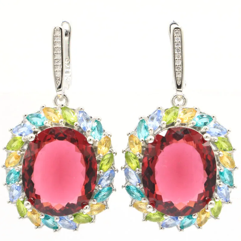 

40x24mm Multi Color Jewelry Set 14.4g Pink Tourmaline Citrine Peridot Tanzanite Jewelry 925 Sterling Silver Earrings Pendant