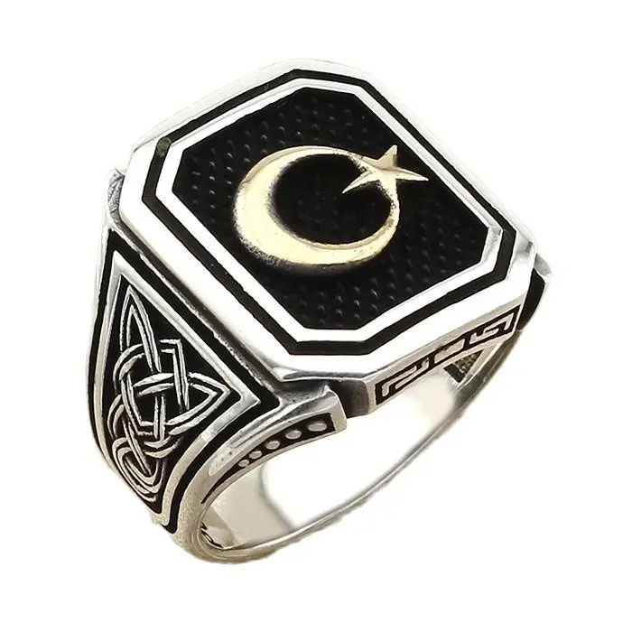 

Стерлингового серебра в форме Полумесяца звезда кольца Турецкая Для мужчин аксессуары для волос ручной работы окисленный кольцо для Для му...