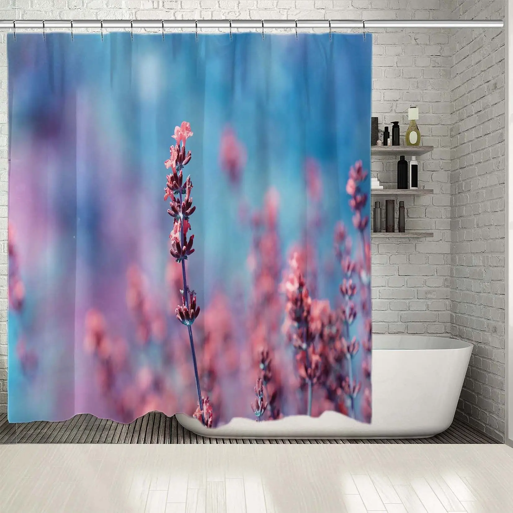 

Shower Curtain Summer Garden Lavender Flowers Blooms on Becomes Blurred Background Nature Photo Printed Blue Pink