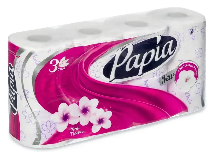 Туалетная бумага PAPIA Балийский Цветок 3 слоя 8 рулонов|Бумажные столовые салфетки|
