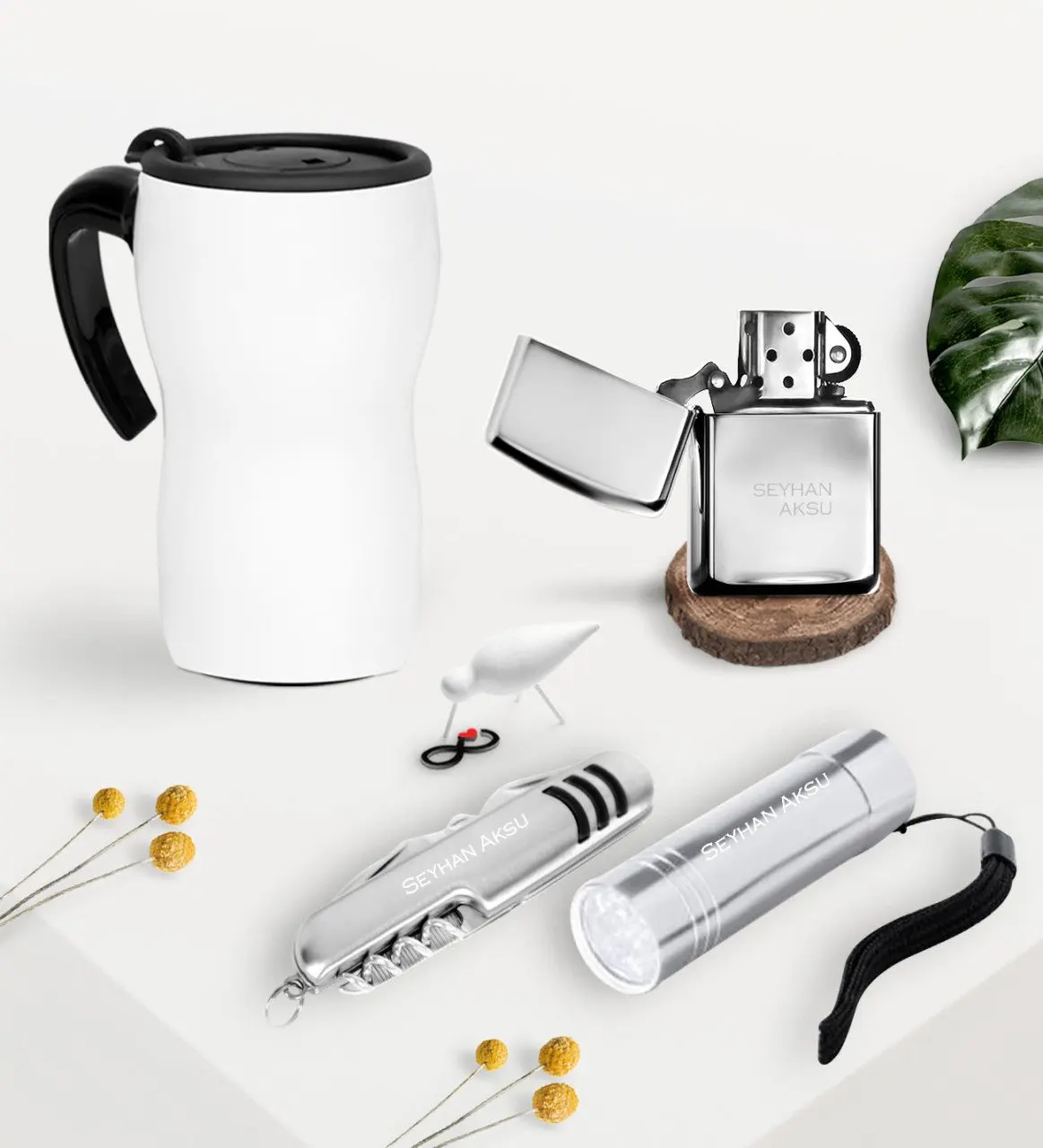 

Персонализированный белый термос чашка карманный нож ручной фонарик зажигалка Подарочный набор