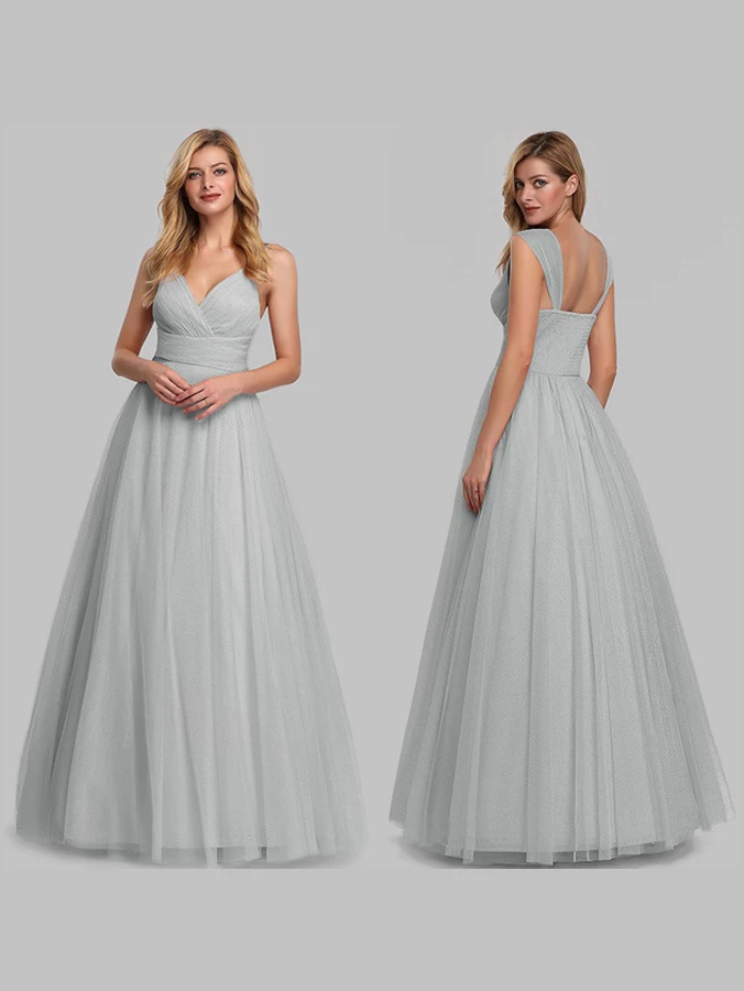 Sweet Bridesmaid Dresses Long Dress Plus Size A Line Straps V Neck Floor Length Sleeveless Tulle Sparkle For special Occasion | Свадьбы и