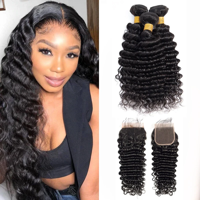 Перуанские пряди волос с глубокой волной застежкой 3/4 4 × кружевными застежками