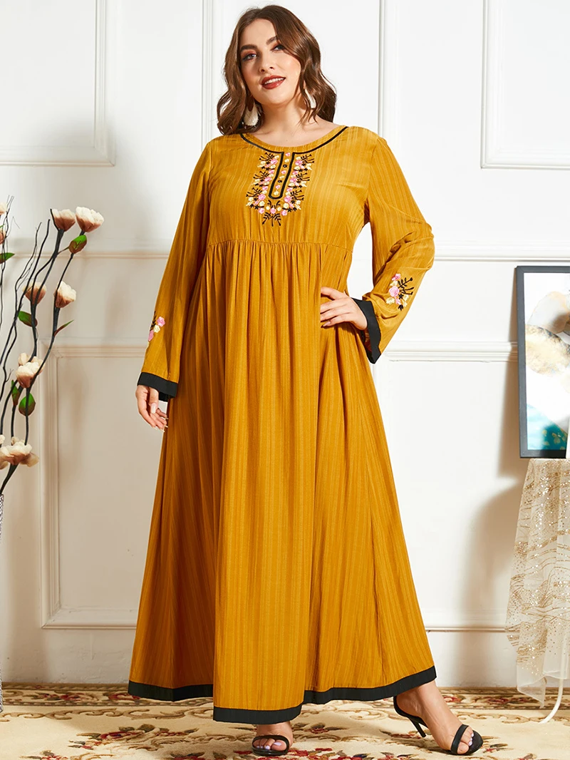 

Ethnic Embroidery Casual Muslim Long Loose Waist Yellow Slim Fit Arabian Dress