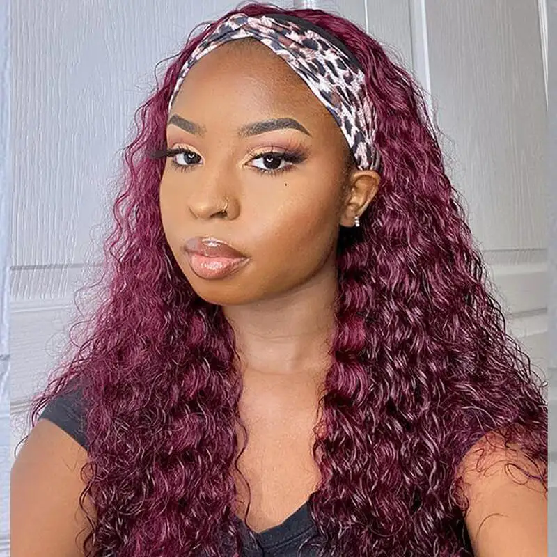 99j Burgundy Headband Wig Curly Human Hair Wigs For Black Women Brazilian Colored Deep Wave With HeadBand | Шиньоны и парики
