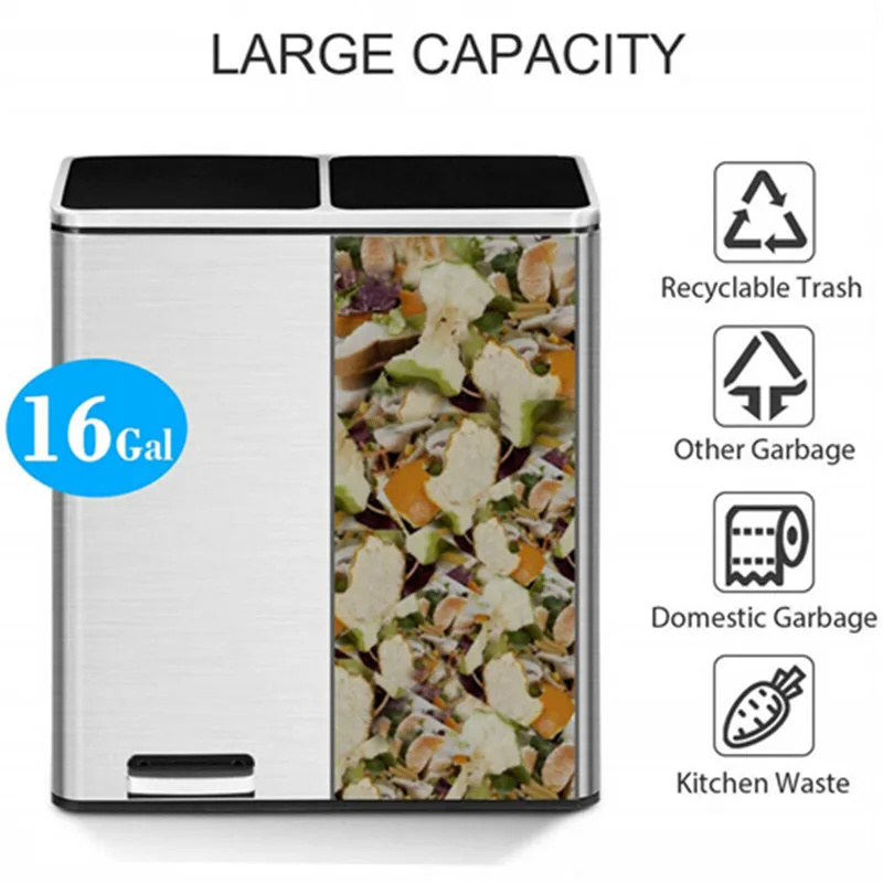 Кухня мусорный бак 16 галлонов мусорное ведро 2 x 30L классифицированы корзина для