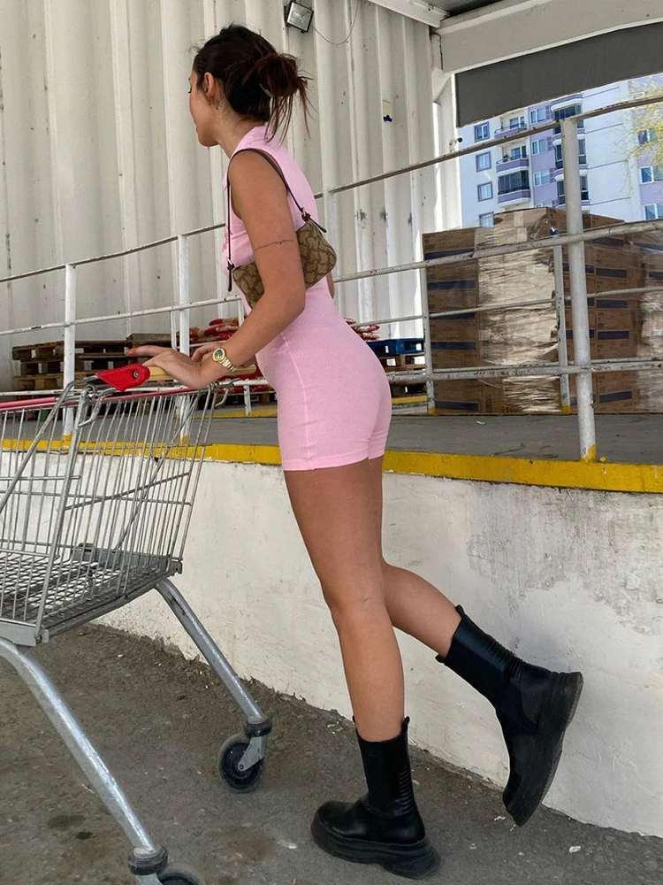 IAMSURE Sweet Cute Printed Playsuit Slim Sleeveless Turn-Down Collar Ribbed Rompers Women 2022 Summer Fashion Ladies Streetwear