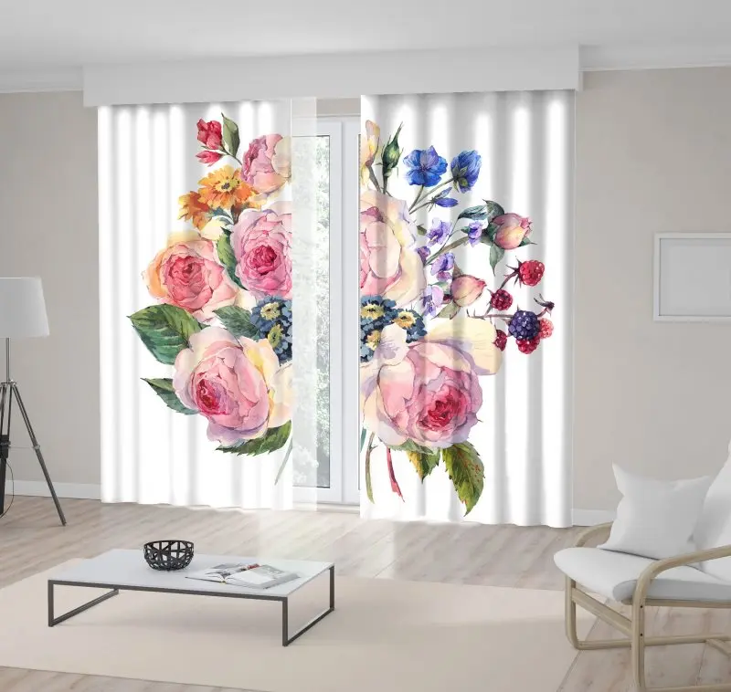 

Curtain Roses and Wildflowers Bouquet Botanical Vintage Floral Artwork Pink Green Blue