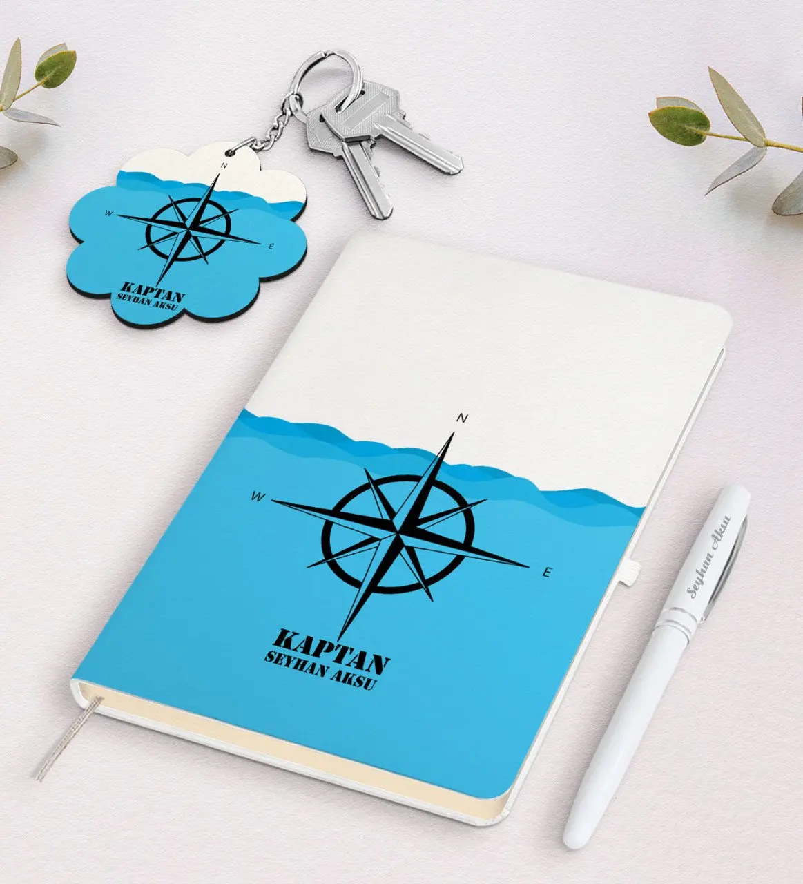 

Personalized Captain White Notebook Pen And Keychain Gift Seti-10