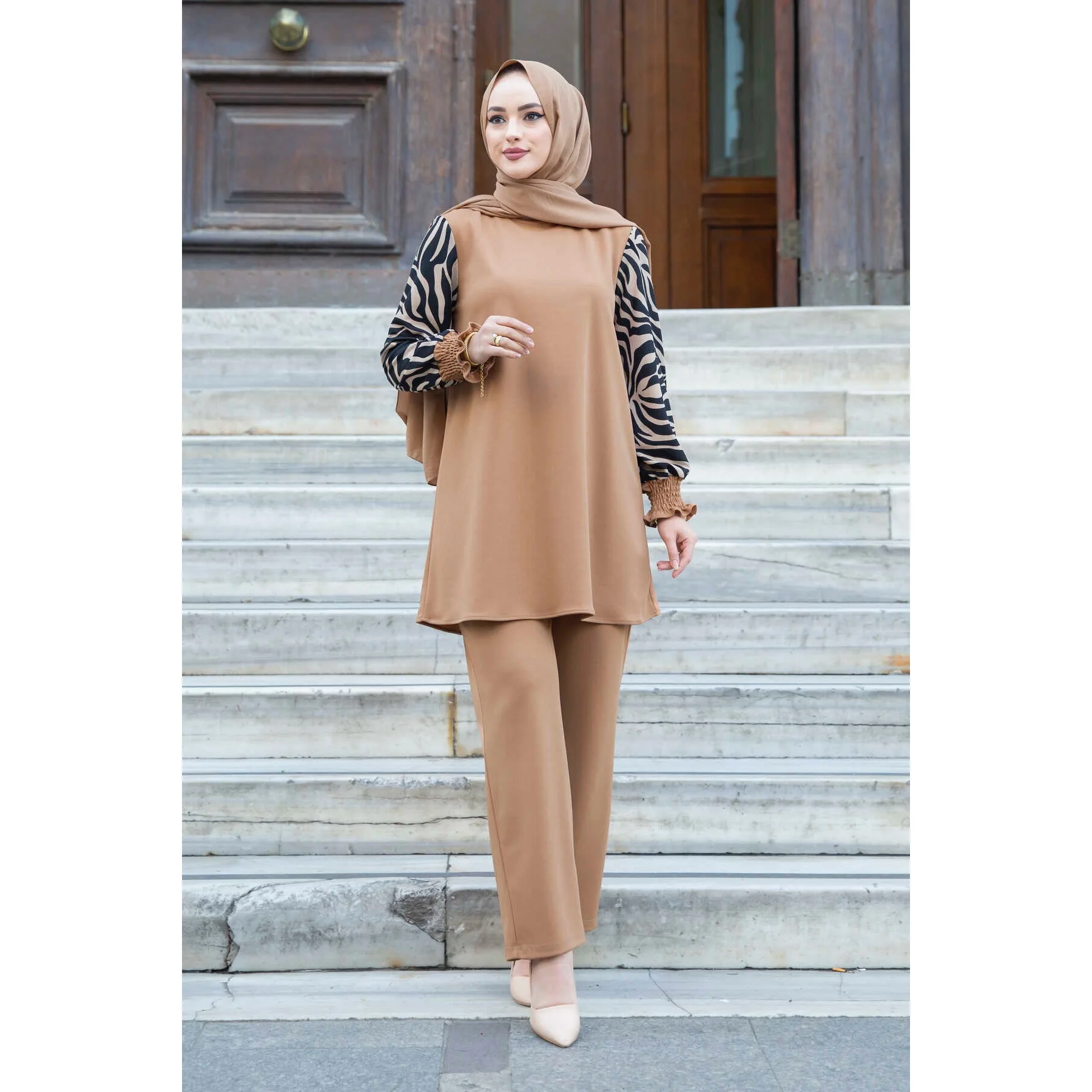 Women Shirred Arm Hijab Double Suit Ramadan Eid Mubarak Chiffon Open Abaya Kimono Dubai Turkey Islamic Kaftan Muslim Dress Robe