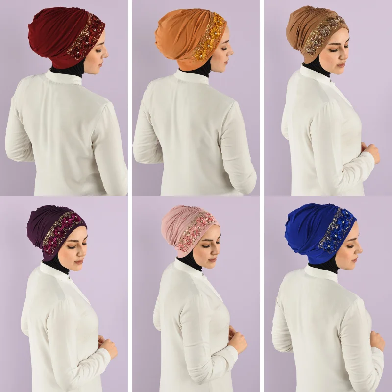 

Muslim Turban Hijab Bonnet Sequined Musulman Turbante Mujer Arab Wrap Head Femme Scarf Inner Hijabs Caps 2021 Solid