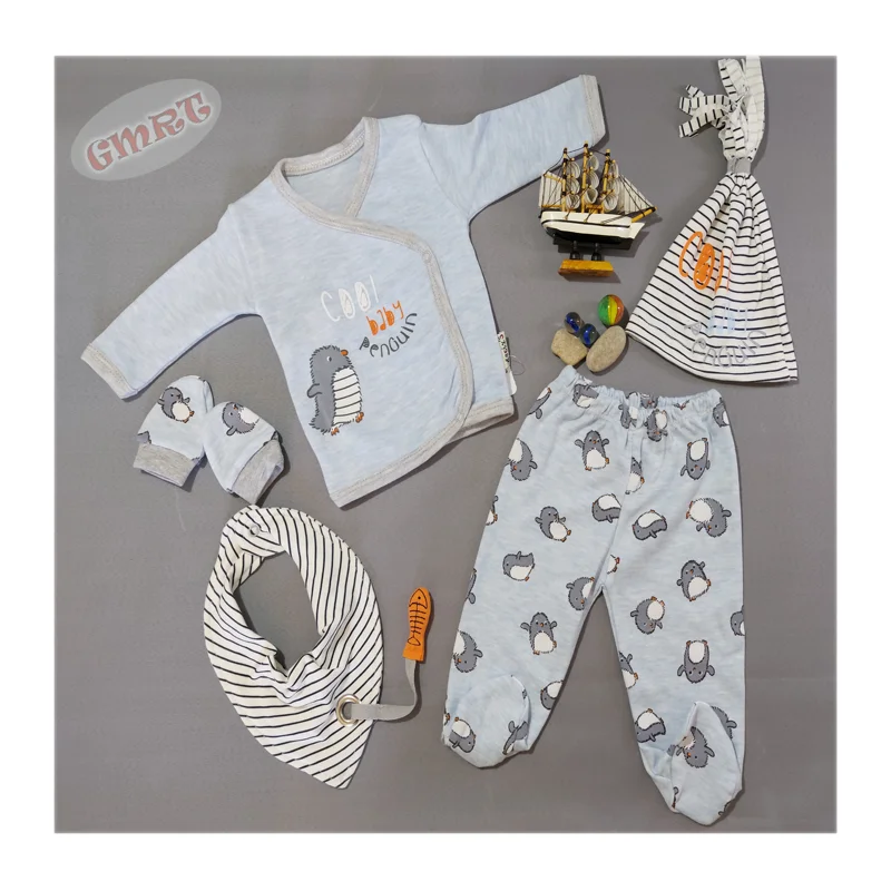 

Newborn Baby Boy Set Baby Dolphin Design 5 Pcs Clothing Set Cotton Gloves Hat Set Daily Special Occasion Wear Clothes Man Outfit