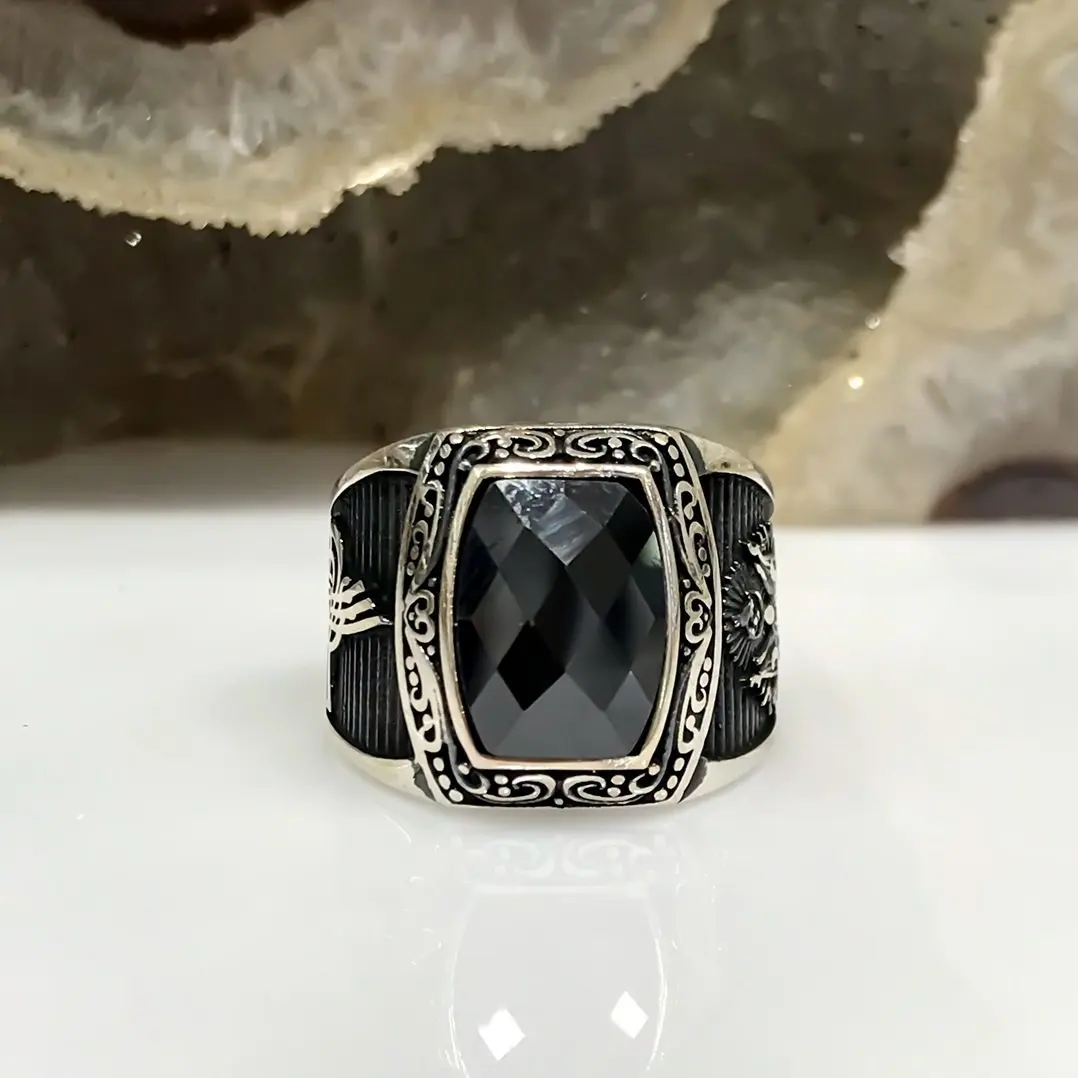 Простое вежливое мужское кольцо из стерлингового серебра черного оникса|Кольца|