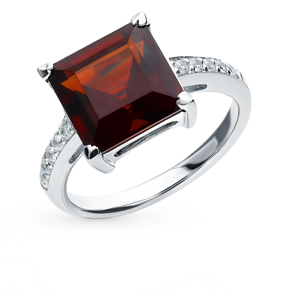 Серебряное кольцо с фианитами и гранатом SUNLIGHT проба 925 | Украшения аксессуары
