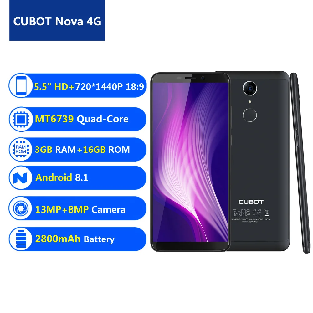 CUBOT Nova 4G 5,5 дюймов HD 18:9 экран мобильный телефон Android 8,1 MT6739 четырехъядерный 3GB+16GB 13MP+8MP камерасмартфон