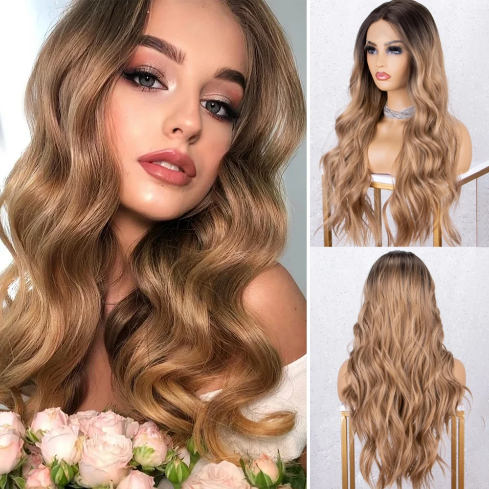 

Dirty Blonde Synthetic Lace Front Wig Dark Roots Ombre Blonde Honey Long Wavy Wigs For Women Party Daily Heat Resistant Hair