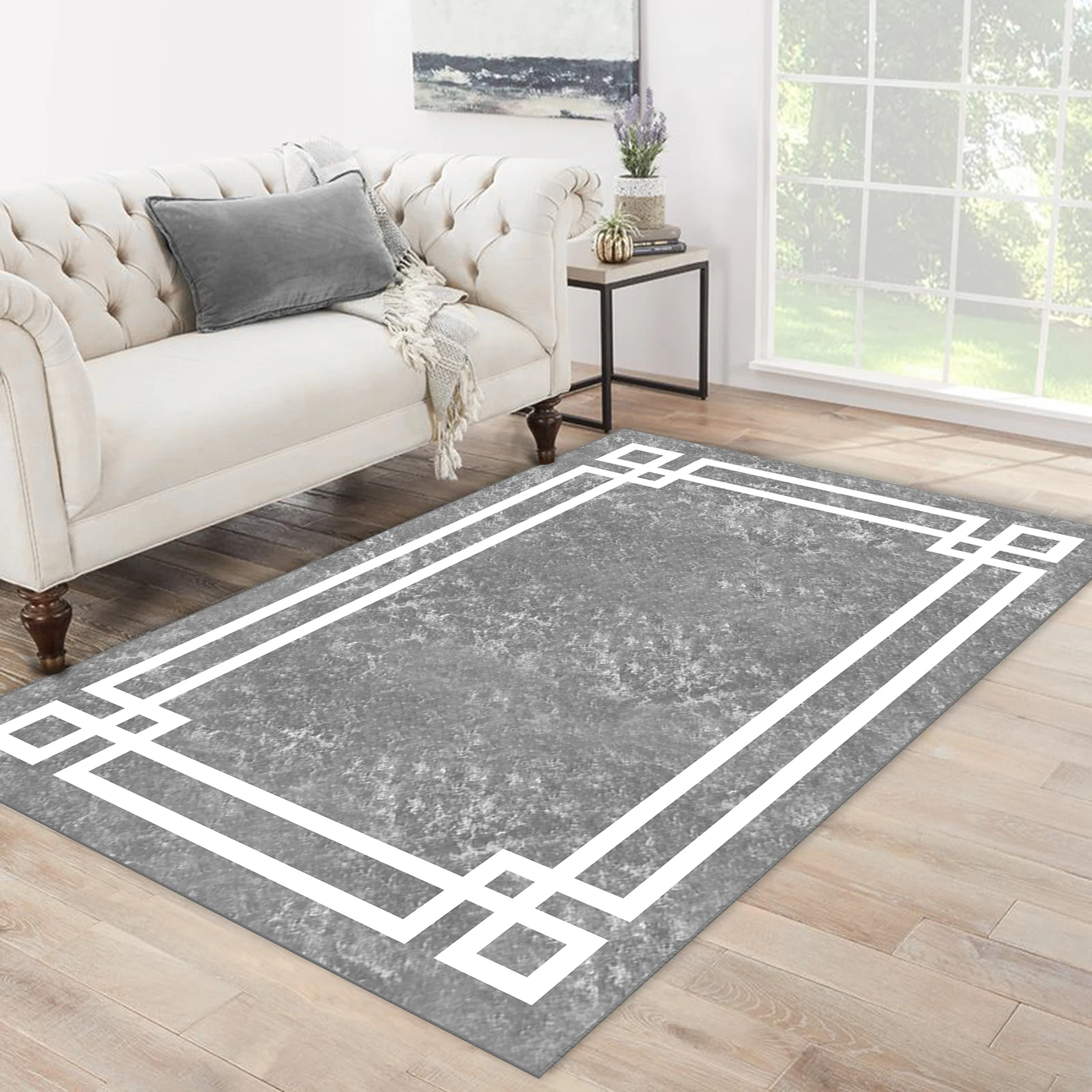 

Grey white carpet white line frame rectangle ethnic patterned carpet modern carpet living room carpet free shipping soft