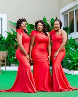 black girl s red one shoulder mermaid bridesmaid dresses draped sweep train garden country african wedding guest gowns maid of