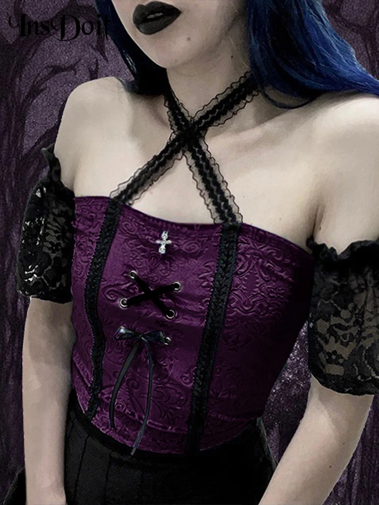 

InsDoit Y2K Gothic Sexy Summer Black Purple Camis Women Streetwear Velvet Sleeveless Lace Crop Top Bandage Halter Cropped Tops