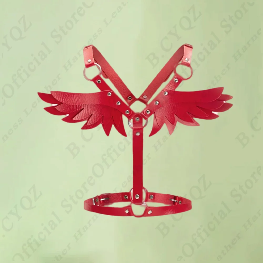 B.CYQZ Pu Red Leather Harness Belt Angel Wings Full Body Bondage Garters Women Gothic Adjustable Fetish Suspenders Rave Clothing