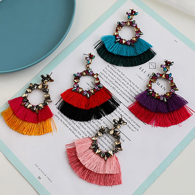 ZHINI Bohemia 9 Colors Tassel Earrings for Women Simple Geometric Circular Hollow Pendant Wedding Jewelry brincos 2020 | Украшения и