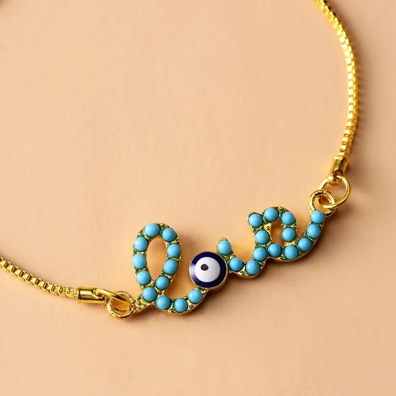 

New Fashion Gold Color Evil Eye Letter LOVE Bracelet for Women Shiny Crystal Bracelets Lucky Jewelry Gifts Party