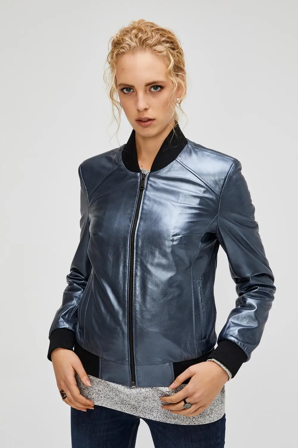 Spring Cool Fashion Silver Genuine Leather Jacket Female Bomber Biker Coat Stand Collar Lambskin Women's Jackets Streetwear