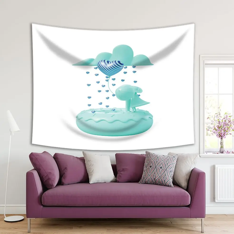 

Tapestry Blue Clouds and Doughnut Kissing with Couple Holding Striped Balloon Falling Hearts Like Rain Love Theme Art