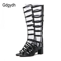 gdgydh sexy women sandals hollow out gladiator sandals women knee high heels shoes for party thick heel comfortable ankle strap