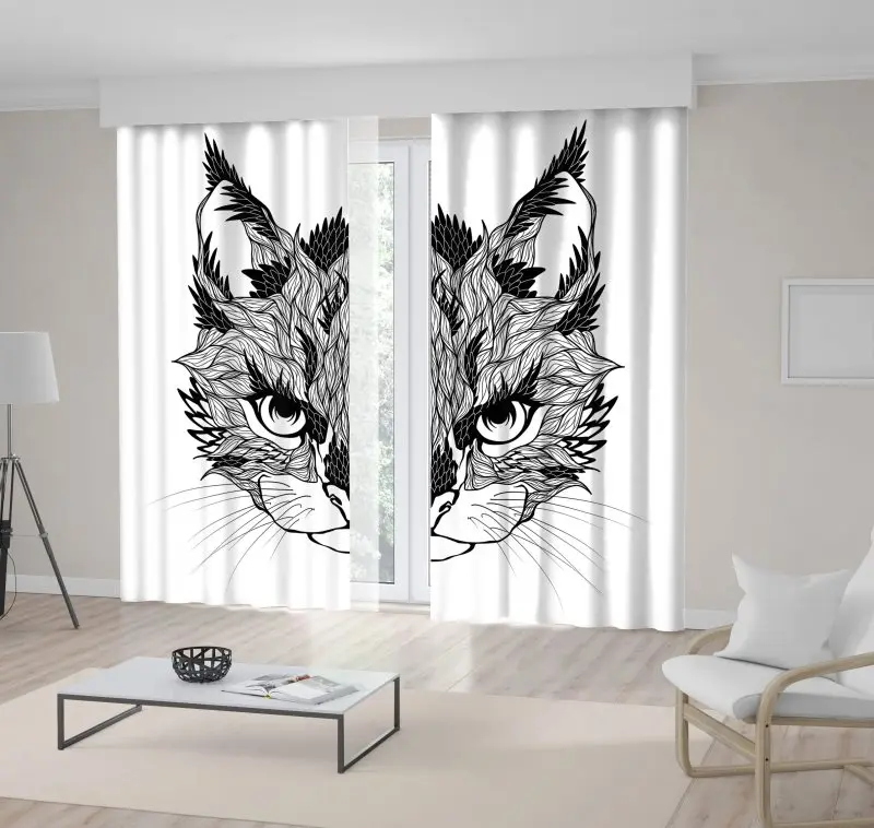 

Curtain Cat Head Portrait Sketch Mask Wilderness Mystery Nature Floral Artwork Printed Black and White