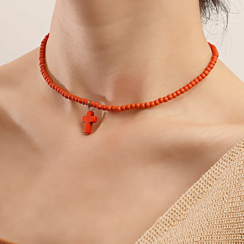 

Bohemia Colorful Beads Simple Choker Necklace for Women Fashion Cross Necklaces Pendant Link Chain Jewelry Accessories for Girls