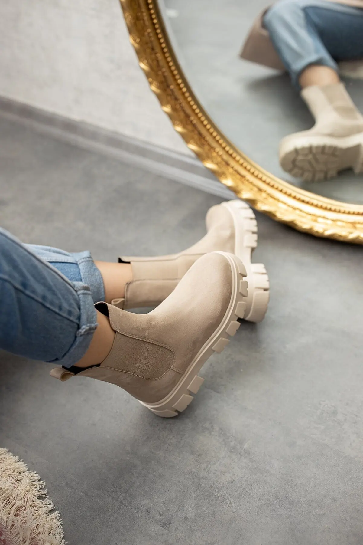 Nude Cream Beige Mink Suede Elastic Side Thick Sole Casual Boots