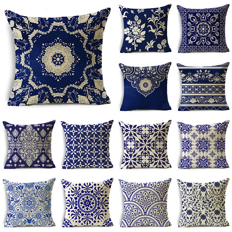 

WZH Traditional Style Blue and White Porcelain Pattern Printing Personality Pillowcase Cushion Cover Sofa Decor 40cm/45cm/50cm