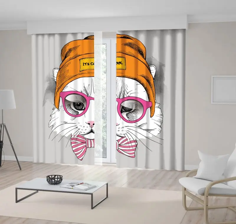 

Curtain Cat Portrait in Hipster Hat and Glasses Cool Character Urban Animal Pet Cartoon Orange Pink White