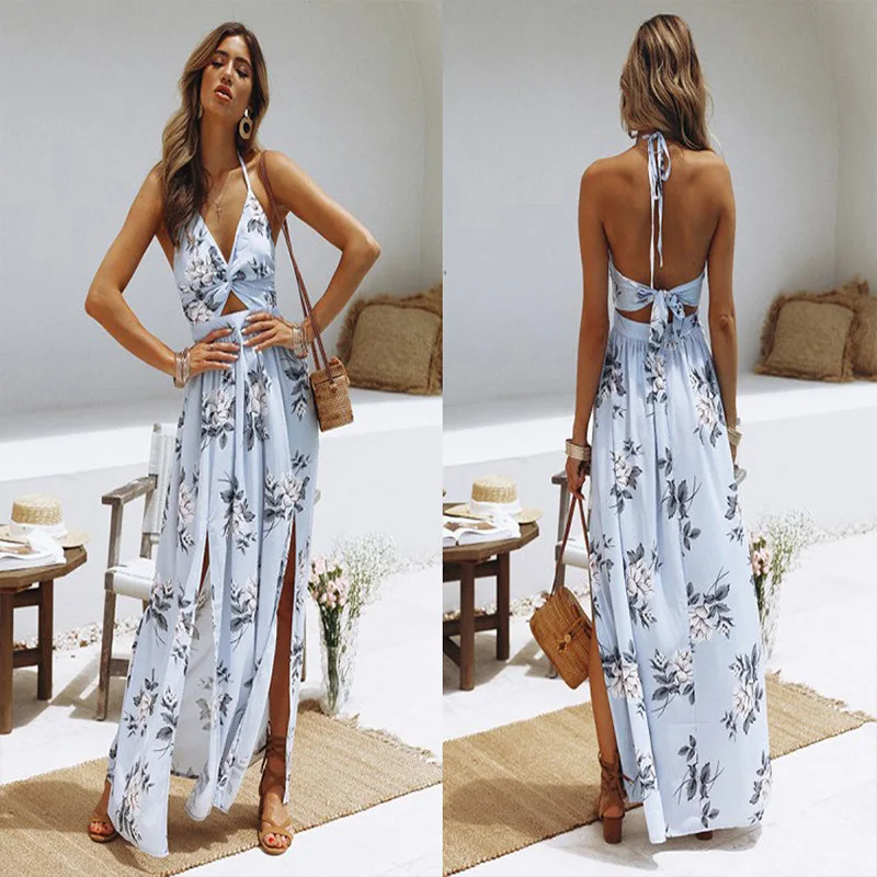 Summer Elegant Dresses For Women Sling Clothes Chiffon Printed Dress Sexy Split Beach Dresses long sleeve wedding dresses