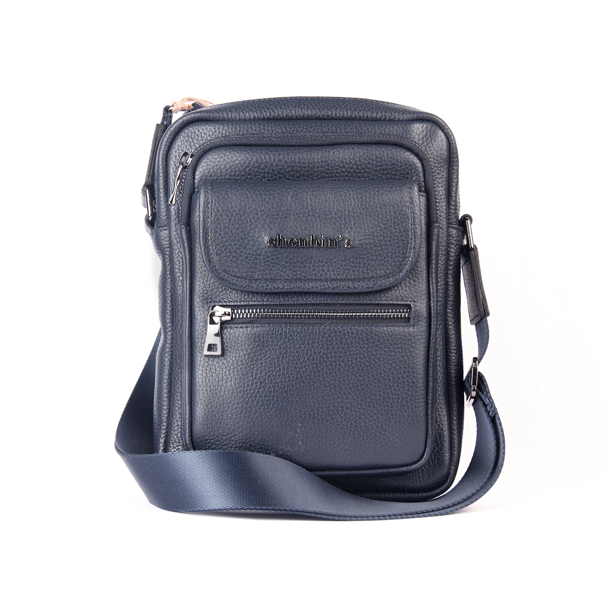 Men's Dark Blue Shoulder Bag with Zippers, Genuine Calf Leather, Multi Pocket, Small Size 28x20 cm, New Arrival, Tablet Ipad