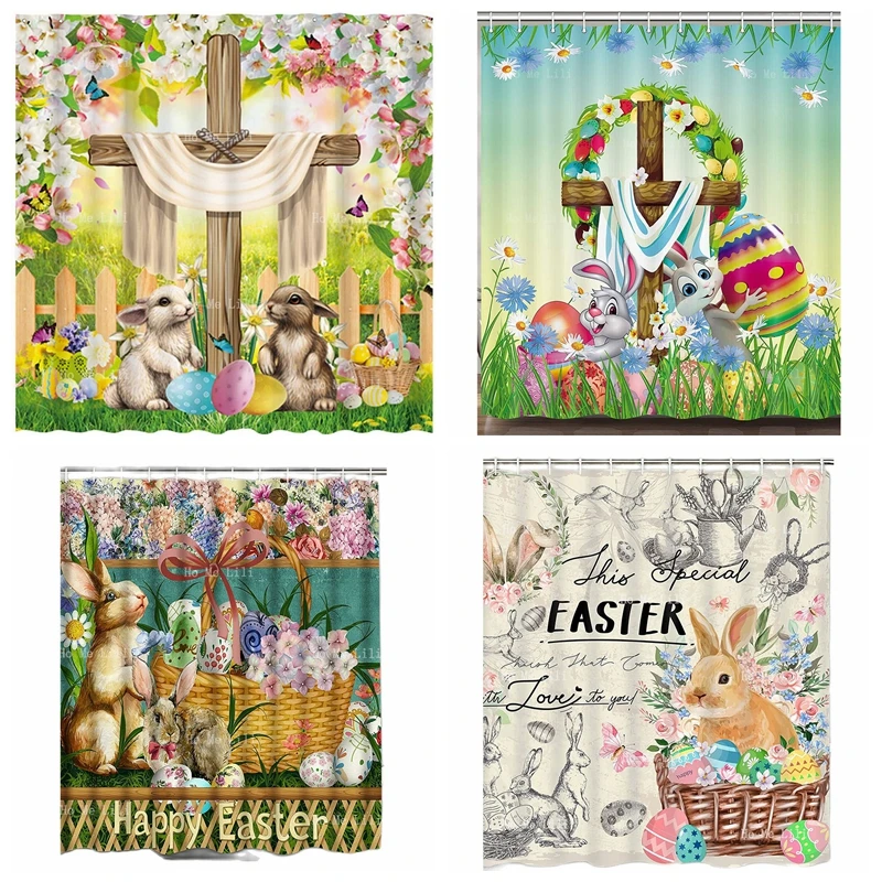 

Easter Whises He Is Risen The Cross On Spring Floral Scene Cute Bunny And Eggs Shower Curtain Home Bathtubs Bathroom Decoration