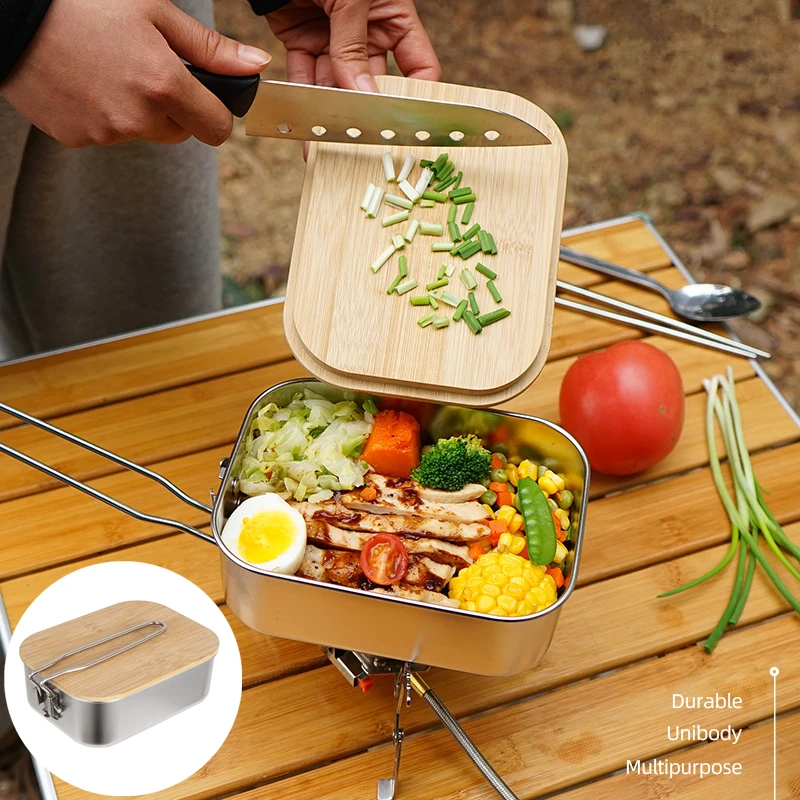 

Portable Stainless Steel Lunch Bento Box Outdoor Camping Barbecue Picnic Cutting Board Lid Container